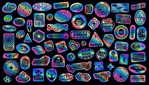 Hologram iridescent y2k groovy patch stickers Stock Illustration