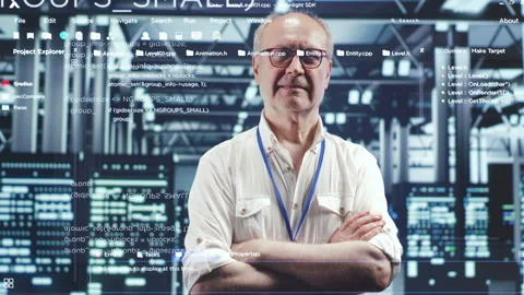 Hologram lines of code in data center Stock Footage 249970210