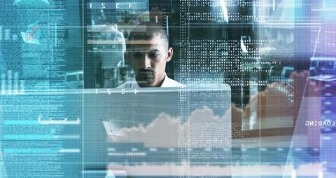 Hologram, man and coding on computer in office with data analysis, system u.. 스톡 사진