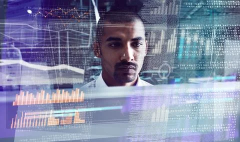 Hologram, man and data on computer in office for writing code, testing app .. 写真素材