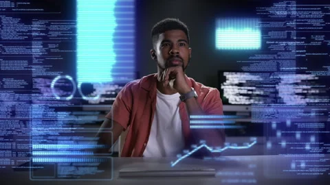 Hologram, man and programmer with code, focus and digital software with big data Stock Footage 243173108