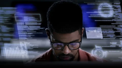 Hologram, man and programmer with computer coding, online reading and digital Stock Footage 243173065