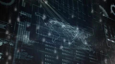 Hologram map moving on load code streams falling nodes growing pulses lighting Stock Footage 329594069