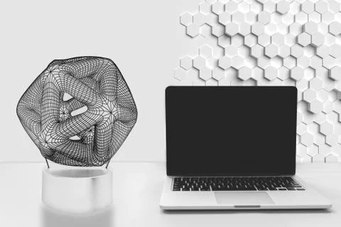 Hologram near computer, empty screen and white background technology concept Stock-Fotos