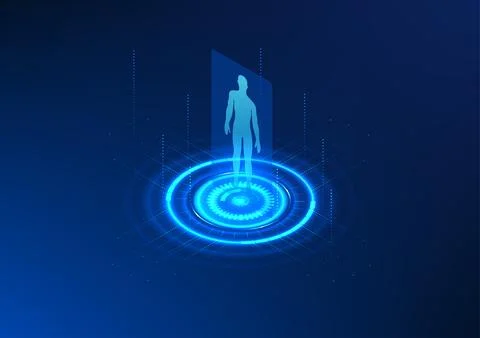 Hologram projection technology A projected image of a person along with a t.. Illustration