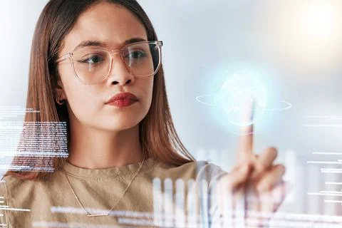 Hologram screen, coding and business woman with digital data feeling serious in Stock Photos