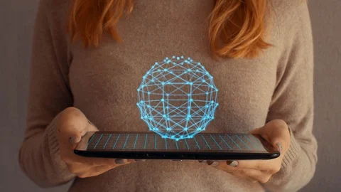 Hologram screen on a tablet with digital datas, structure and particles Vidéo 104828704