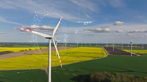 Hologram simulation of how many kWh the wind turbine produces Stock Footage 310384366