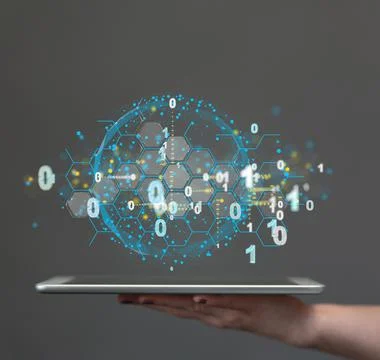 The hologram of a small sphere with binary numbers hovering over a hand with  Stock Photos