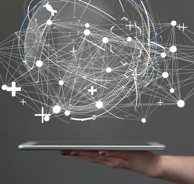 A hologram of a sphere made of interconnected dots on a businessman's tablet  Stock Photos