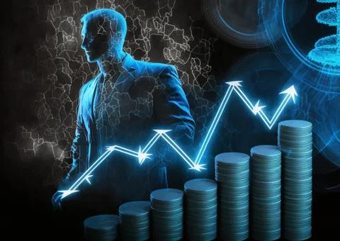 Hologram of Stack of money saving graph with coins for business ideas and d.. Stock Illustration