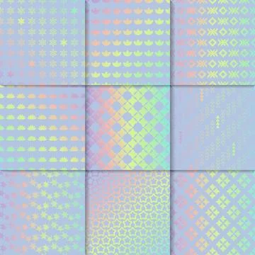 Hologram texture patterns. Vector gradient iridescent backgrounds set. Stockillustratie
