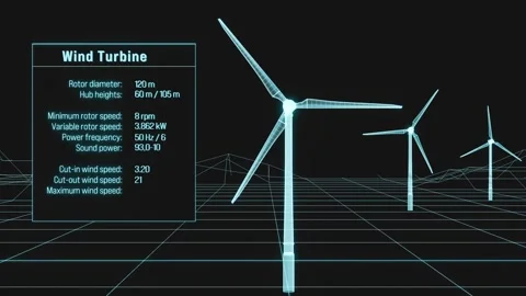 Hologram of wind turbines with specific technical data  appear on a grid map. Stock Footage 288450986