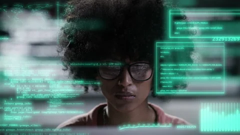 Hologram, woman and programmer with code, computer coding and digital software Stock Footage 242094428