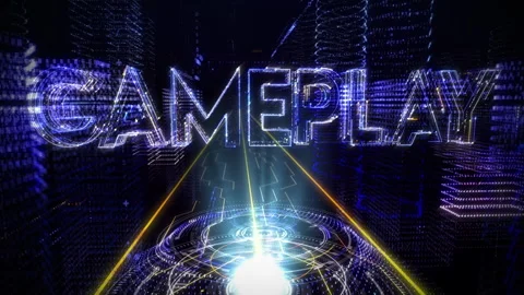 A Hologram of the word Gameplay is Projected inside of the futuristic cyberspace Stock Footage 277708261