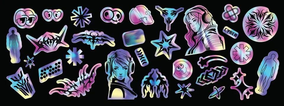 Holograph u2k sticker set, vector hologram cyber holo icon pack Stock Illustration