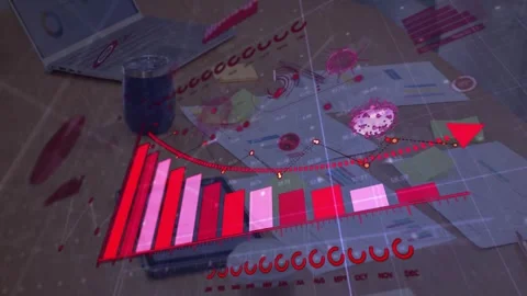 Holographic 3D bar chart animating above table, baseline forming and driving Stock Footage 334316088