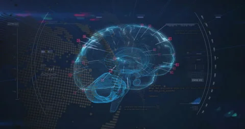 Holographic 3D brain rendering rotating to reveal sides with markers and Stock Footage 311508572