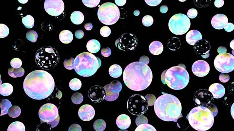 Holographic 3d bubbles on black. Night sky. Fairy 3d wallpaper. Cosmic. Planets. Stock Illustration