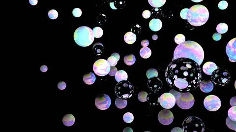 Holographic 3d bubbles on black. Night sky. Fairy 3d wallpaper. Cosmic. Planets. Stock-Illustration
