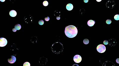 Holographic 3d bubbles on black. Night sky. Fairy 3d wallpaper. Cosmic. Planets. Stock-Illustration