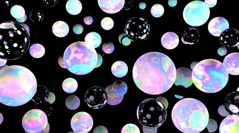 Holographic 3d bubbles on black. Night sky. Fairy 3d wallpaper. Cosmic. Planets. Stock-Illustration