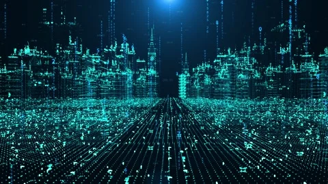 Holographic 3D digital binary information flow science fiction smart city in Stock Footage 142046324