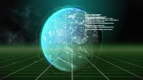 Holographic 3D Earth sphere rotating within glowing network lines, code hovering Stock Footage 330403310