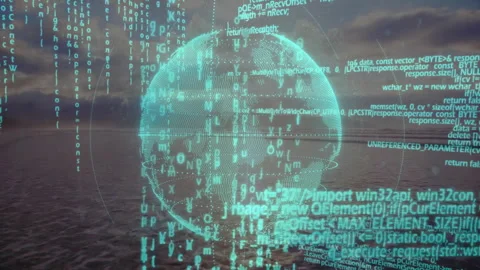 Holographic 3D globe floating above ocean horizon, projecting cascading code Video stock 307884154