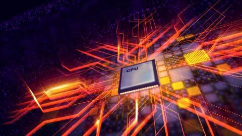 A holographic 3d illustration of a square CPU microprocessor with a line of w Stock Illustration