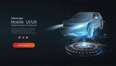 Holographic 3D wireframe car model rotating in black virtual space. Smart car Stock Illustration
