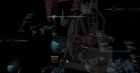 On holographic activation 3D pumpjack pumping while HUD pulsing, camera moving Stock Footage 330142876