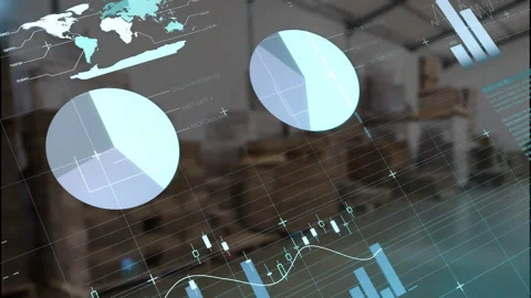 Holographic analytics UI showing warehouse data with world map, pie charts, Vidéo 307441524