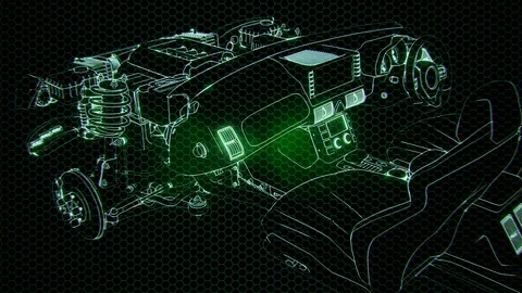 Holographic animation of 3D wireframe car model with engine Stock Footage 102292246