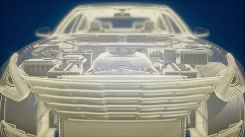 Holographic animation of 3D wireframe car model with engine Stock Illustration