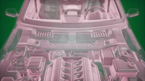 Holographic animation of 3D wireframe car model with engine Stock Illustration