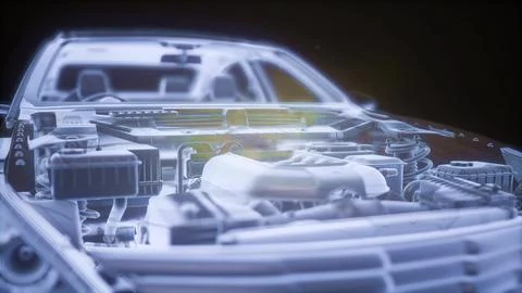 Holographic animation of 3D wireframe car model with engine Stock Illustration