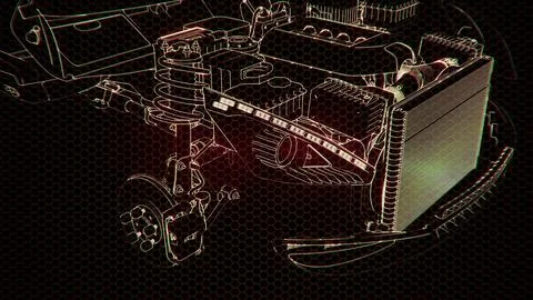 Holographic animation of 3D wireframe car model with engine Stock Illustration