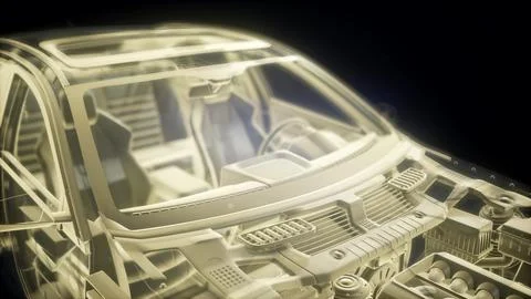 Holographic animation of 3D wireframe car model with engine Stock Illustration