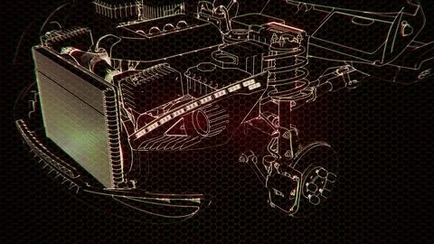 Holographic animation of 3D wireframe car model with engine Stock Illustration