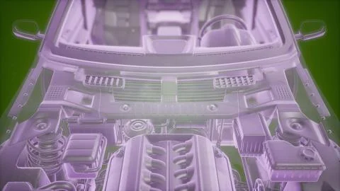 Holographic animation of 3D wireframe car model with engine Stock Illustration