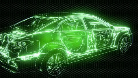 Holographic animation of 3D wireframe car model with engine Stock Illustration
