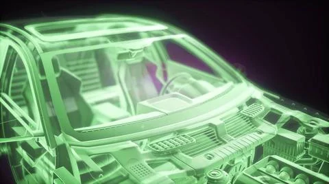Holographic animation of 3D wireframe car model with engine Holographic an... Stockfoto's