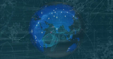 Holographic brain and dot-matrix globe being rendered in 3D grid, glowing nodes Stock Footage 309036350