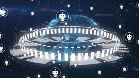 Holographic brain and segmented ring rotating and pulsing when robot icons near, Stock Footage 334351909
