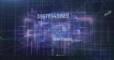 Holographic brain emerging from numeric blur rotating with scan bars sweeping Stock Footage 328485921