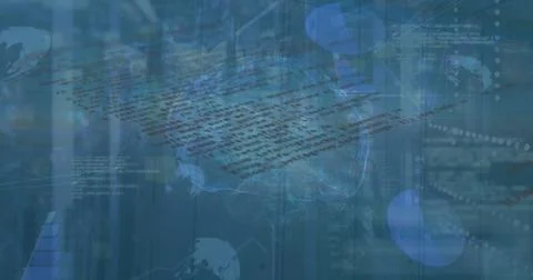 Holographic brain network pulsating in server room with scrolling code racks and 写真素材