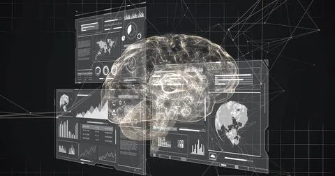 Holographic brain projection hovering in interface, with floating data Stock Illustration