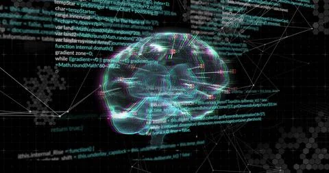 Holographic brain receiving data stream, visualizing code overlays and hex grid イラスト素材