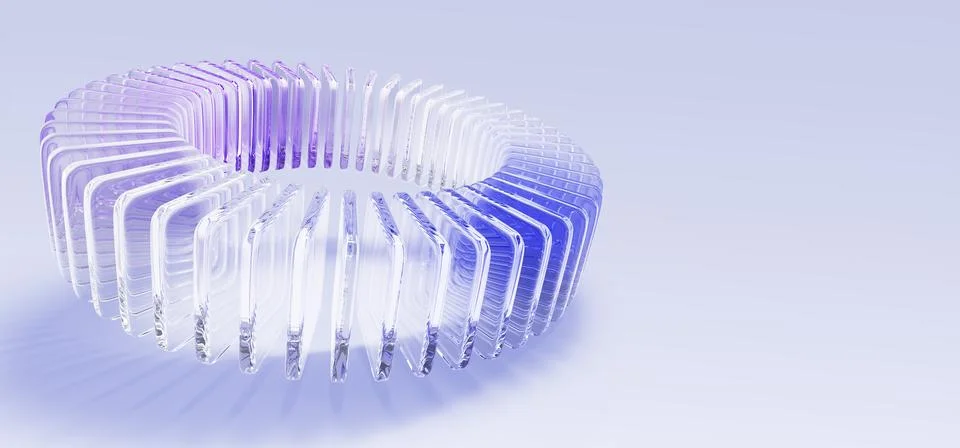 Holographic circular array of glass square plate shapes. Iridescent transparent Illustrazione stock